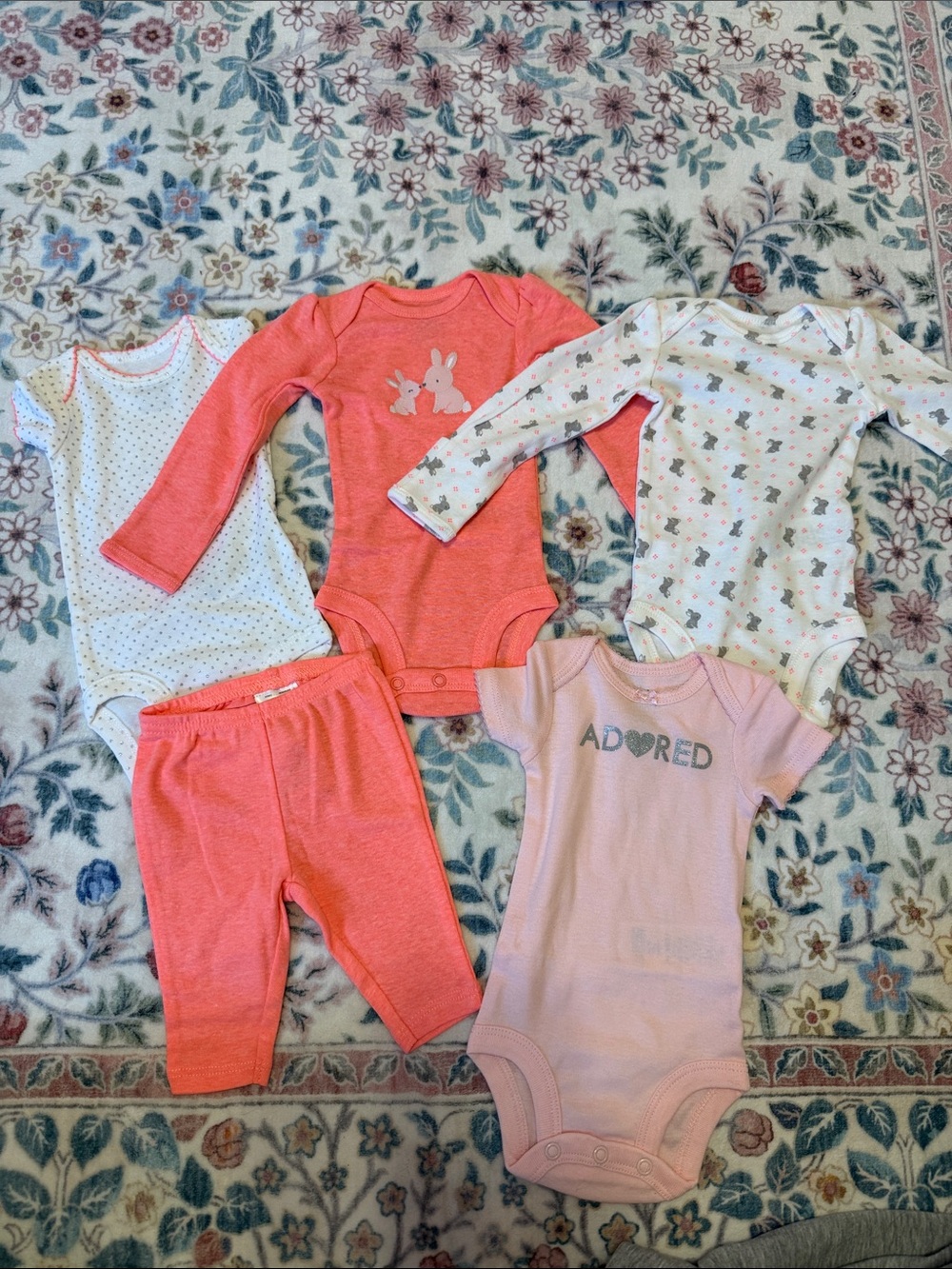 Baby Girls Carters Pink & Coral Bunny One-Piece Bodysuit and Pants Set